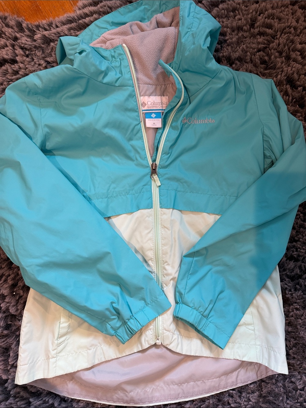Columbia Girls' Teal and Cream Hooded Rain Jacket
